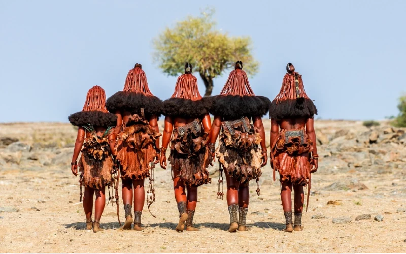 A group wearing traditional dress in an open Namibian landscape