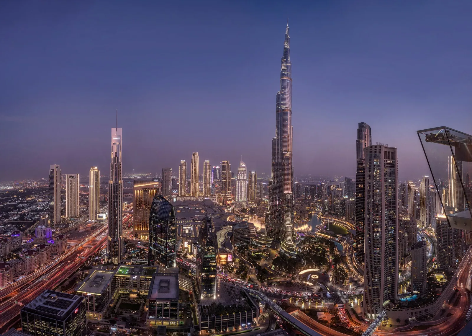 The Burj Khalifa rising above Downtown Dubai at twilight