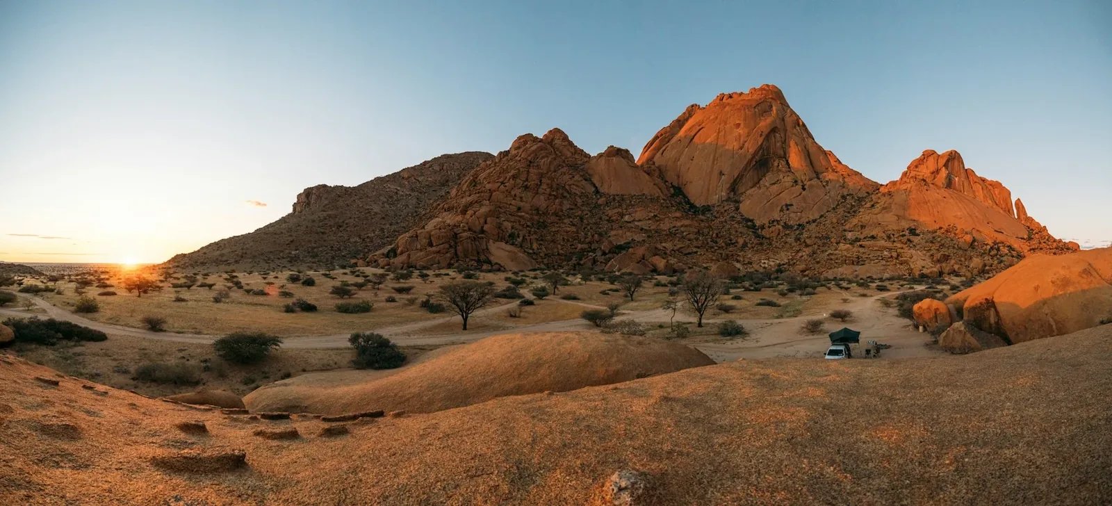 Camping among the rocky formations of Spitzkoppe at sunset