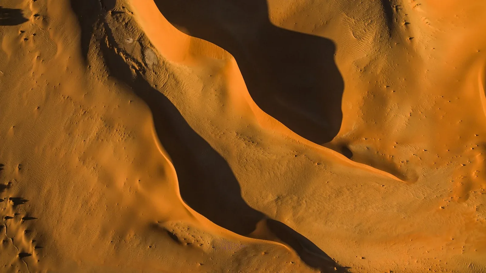 An aerial view of the sculpted dunes of the Namib Desert